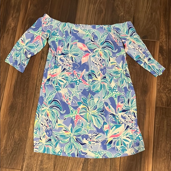 Lilly Pulitzer Sheath Dress Blue Green Off-Shoulder Resort Wear - Picture 1 of 1